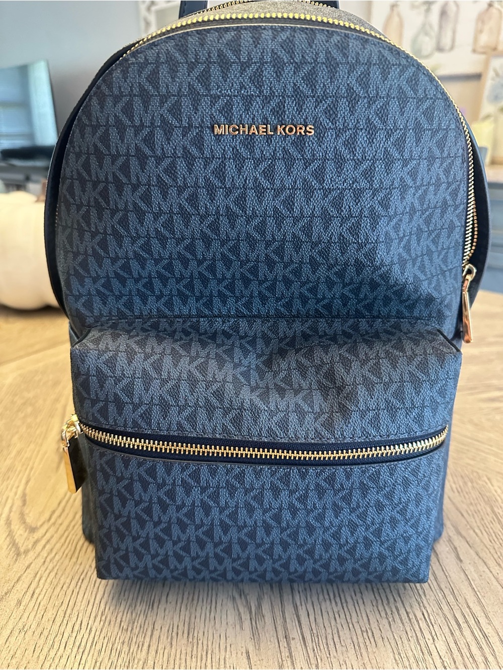 Michael Kors Women’s Navy and Gold Logo Backpack Purse with Attached Large Zip